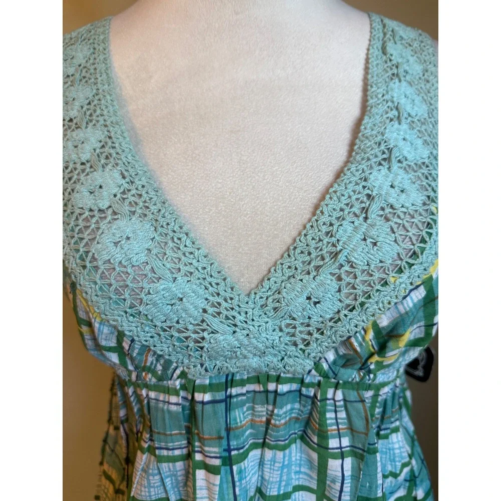 Angie Green Floral Crochet cottage  boho y2k‎ whimsi Cotton Dress Small NWT blue